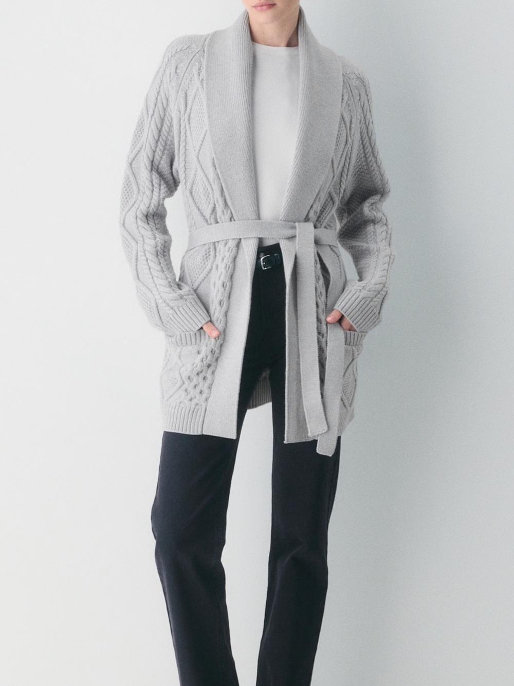 Aritzia Heritage Cable Knit Cardigan Sweater - Light Gray